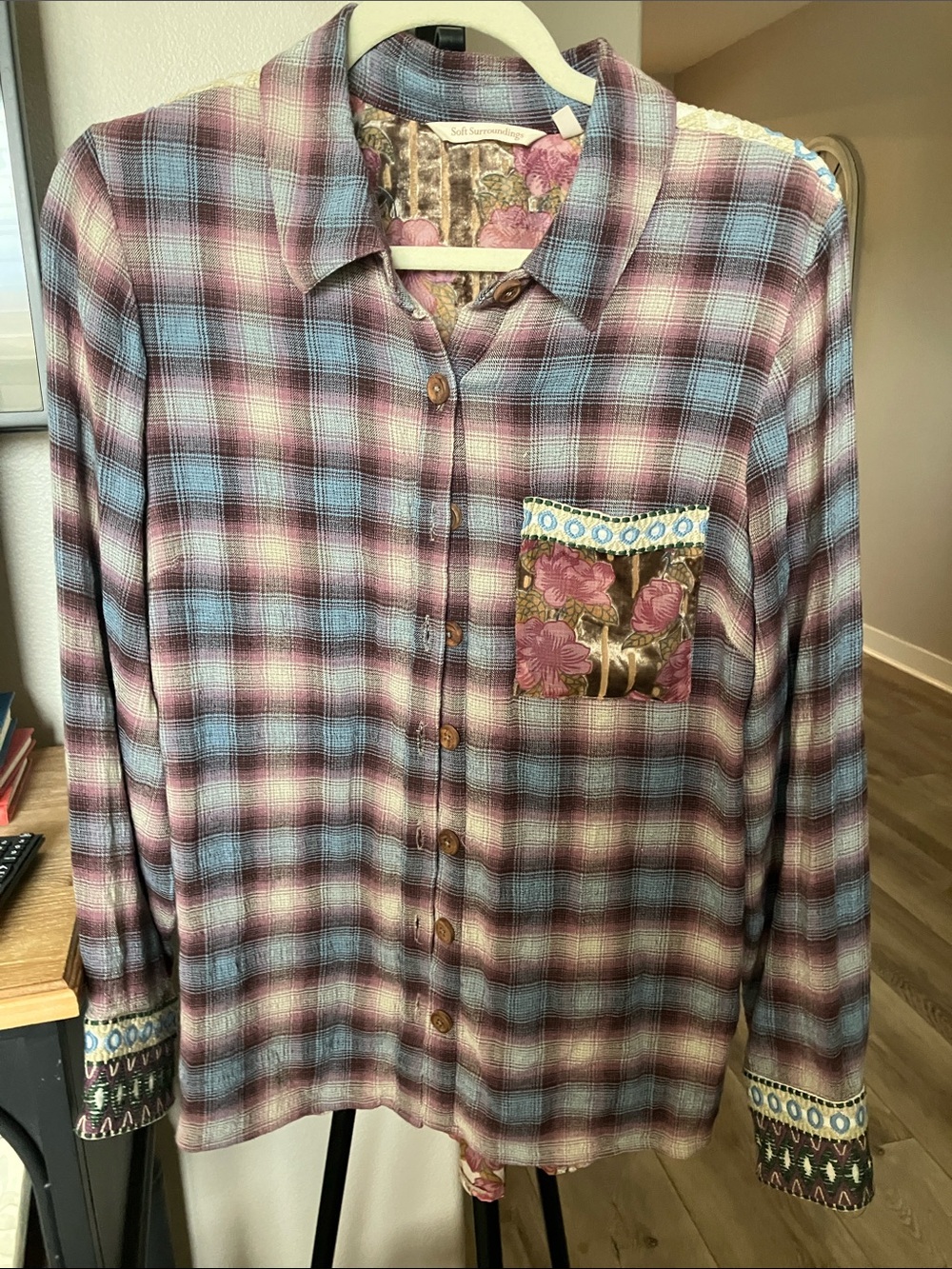 Soft Surroundings pink and blue Plaid Button-Down Shirt with sheer Pocket & back